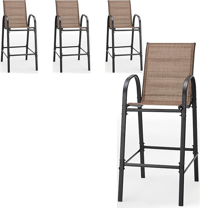 HOMREST Outdoor Bar Height Stools Set of 4,High Back Patio Chairs with Armrests,Textilene Chairs with Breathable Fabric & Metal Frame for All Weather,Brown