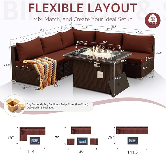 NICESOUL 6 Piece L-Shaped Modern Outdoor Furniture Set with Firepit Natural Gas/Propane, 29.3'' High-Back Deep Wide Seat Patio Conversations for Outside, Large Size Sofa, Brown Rattan and Red Cushion