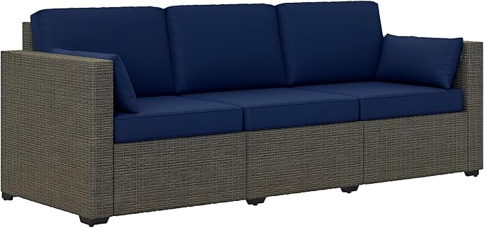 Outsunny Patio Couch PE Wicker Deep Seating Outdoor Sofa with Removable Cushions, 3 Seater Rattan Sofa, Outdoor Furniture for Balcony, Deck, Garden and Poolside, Navy Blue