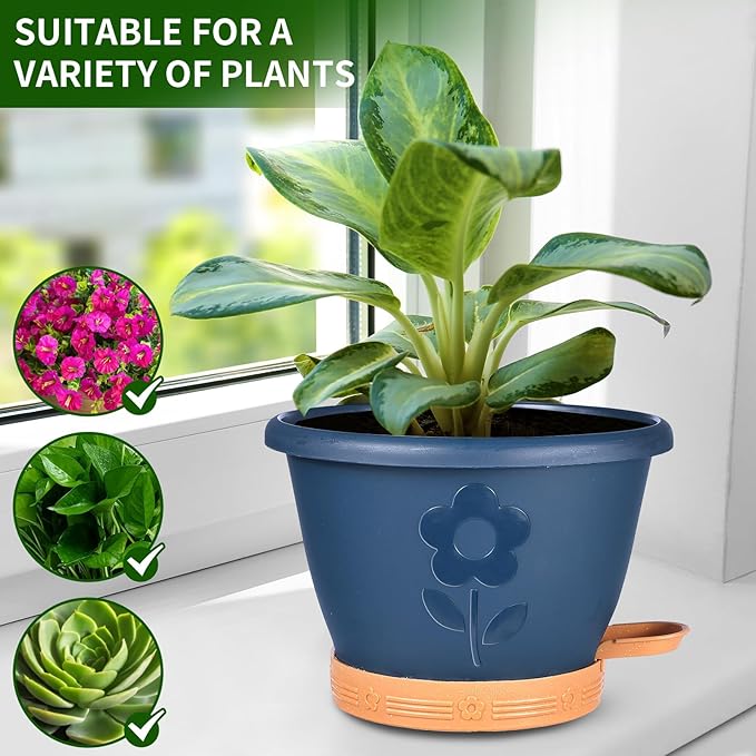 Plant Pots, Flower Pots for Indoor/Outdoor Plants, Self Watering Plastic Planters Pots with Drainage Holes, Saucer & Reservoir, Decorative Nursery Planting Pots(10 Inch Set of 4)