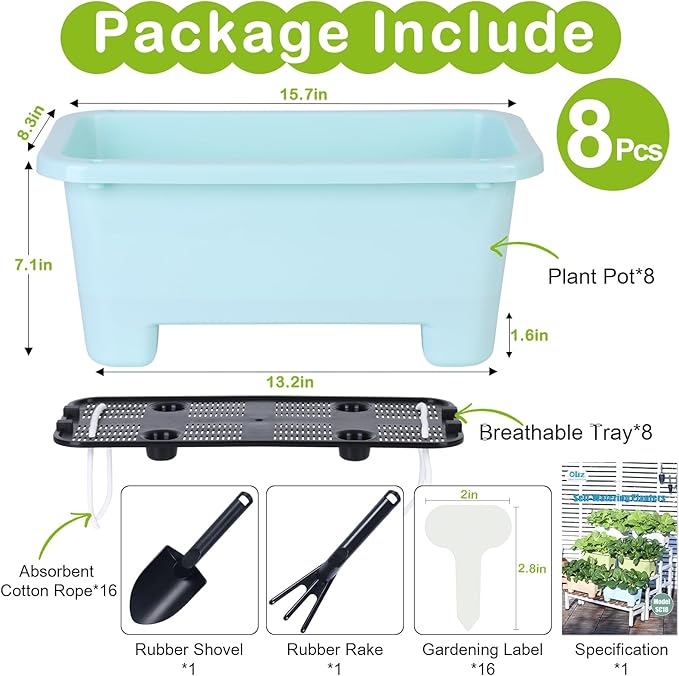 Self-Watering Rectangle Planter Boxes 8-Pack, 15.7-Inch Window Box Planter with Drainage Holes & Trays, Pots for Vegetables, Herbs, Flowers, Garden Windowsill Balcony (Sky Blue)