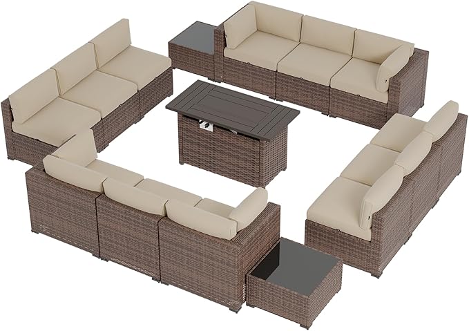 Aoxun Patio Furniture Sets, 15-Piece Outdoor Patio Furniture with 44'' Propane Gas Firepit Table, Wicker Outdoor Conversation Set Sectional Sofa for Backyard, Poolside, Garden