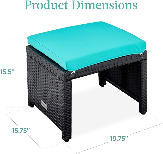 Best Choice Products Set of 2 Wicker Ottomans, Multipurpose Outdoor Furniture for Patio, Backyard, Additional Seating, Footrest, Side Table w/Removable Cushions, Steel Frame - Black/Teal