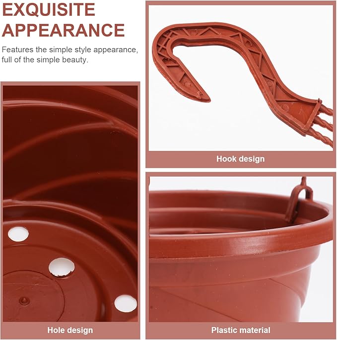 DOITOOL 10 Pack Hanging Plastic Pots for Plants with Hook, Garden Flower Plant Pot Container Baskets Hanging Nursery Planter Holder for Indoor Outdoor Garden Decor (Brown, 6.7 Inch)