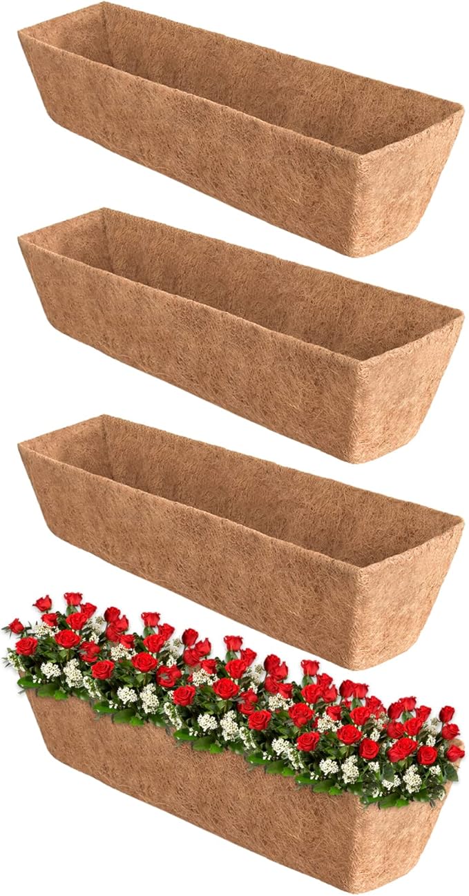 Halatool 4 Pack 36 Inch Trough Coco Fiber Replacement Window Box Liners Pre-Formed Coconut Liners for Planters Natural Coco Liner for Wall Hanging Basket Flower Pot Fence and Railing