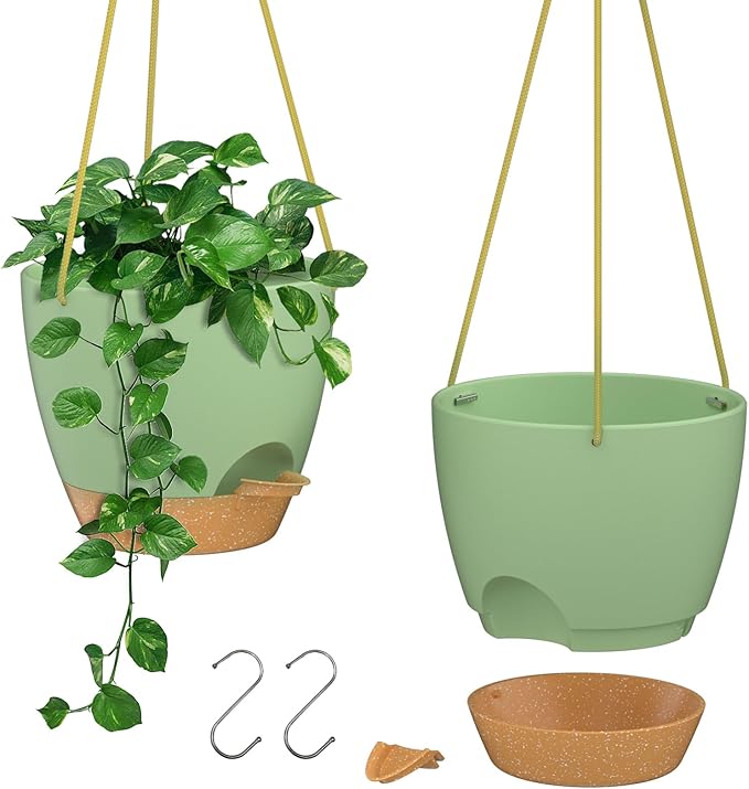 ZMTECH 8 Inch Hanging Planters for Indoor Outdoor Plants, 2 Pack Self Watering Hanging Plant Pots with Drainage Holes and Removable Saucer, Plastic Flower Hanging Pots with Watering Lip (Green)
