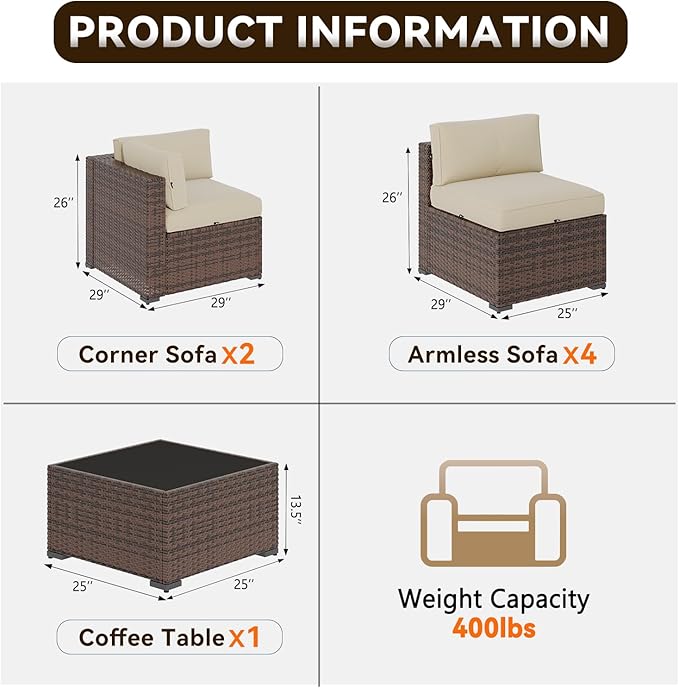 Aoxun Patio Furniture Sets, 7-Piece Outdoor Patio Furniture with Thick Cushions, Wicker Outdoor Conversation Set Sectional Sofa for Backyard, Poolside, Garden(Cream-Browm, 7 x 25.6 - Seats)