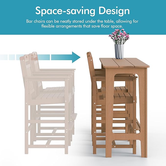 Ciokea 3 Pcs Outdoor Bar Height Table Set, 60" Extra Long Rectangle High Top Table and 2 Oversized Adirondack Chairs Set, Heavy-Duty All-Weather HDPE Patio Bar Set for Backyard Balcony Deck, Teak