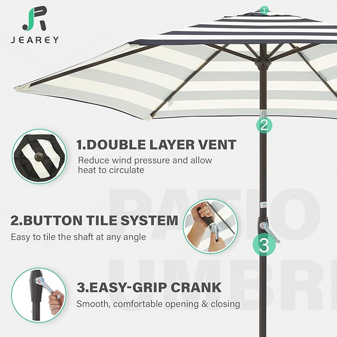 JEAREY 7.5FT Patio Umbrella Outdoor Market Umbrella with 6 Sturdy Ribs, Push Button Tilt/Crank Table Umbrella for Garden, Deck, Backyard and Pool, Beige & Black Stripe
