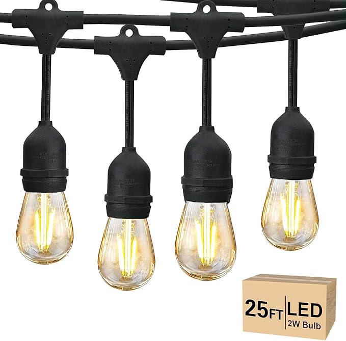 Svater 25 FT Outdoor String Lights 2W, Patio Light for Outside with 9 Antique S14 Plastic LED Bulbs, IP65 Waterproof Hanging Cafe Market Lighting, ETL-Listed Dimmable Warm White 2700K