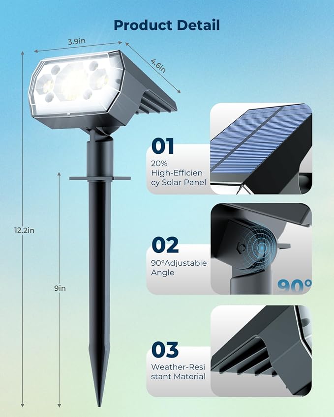 6 Packs Solar Spot Lights Outdoor, 64 LED 6500K Solar Lights Outdoor, IP67 Waterproof, Adjustable Brightness Dusk to Dawn Solar Spotlights for Garden, Yard, Lawn, Walkway, Driveway - Cool Daylight