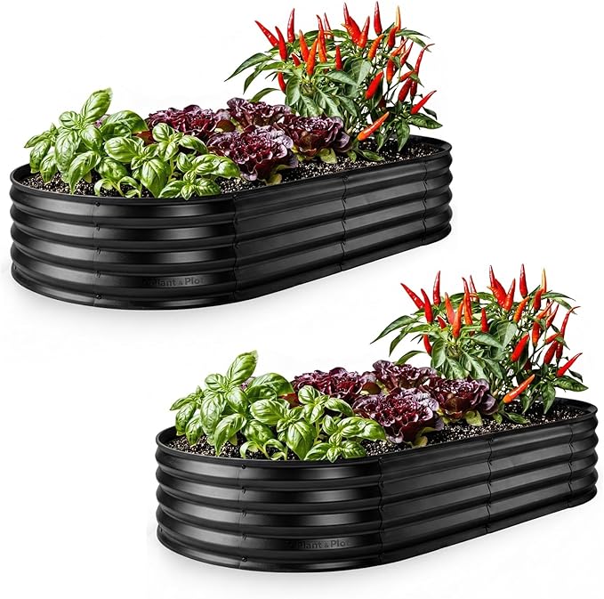 Plant & Plot Galvanized Raised Garden Beds Outdoor // 6×3×1 ft (2-Pack) Planter Raised Beds for Gardening, Vegetables, Flowers // Large Metal Garden Box // Patented Tool-Free Design (Black)
