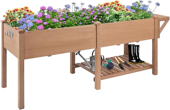 Raised Garden Bed with Legs Outdoor,Elevated Garden Box,Storage Shelf, Protective Liner for Backyard,Patio,Balcony,80x23x30in (Brown)