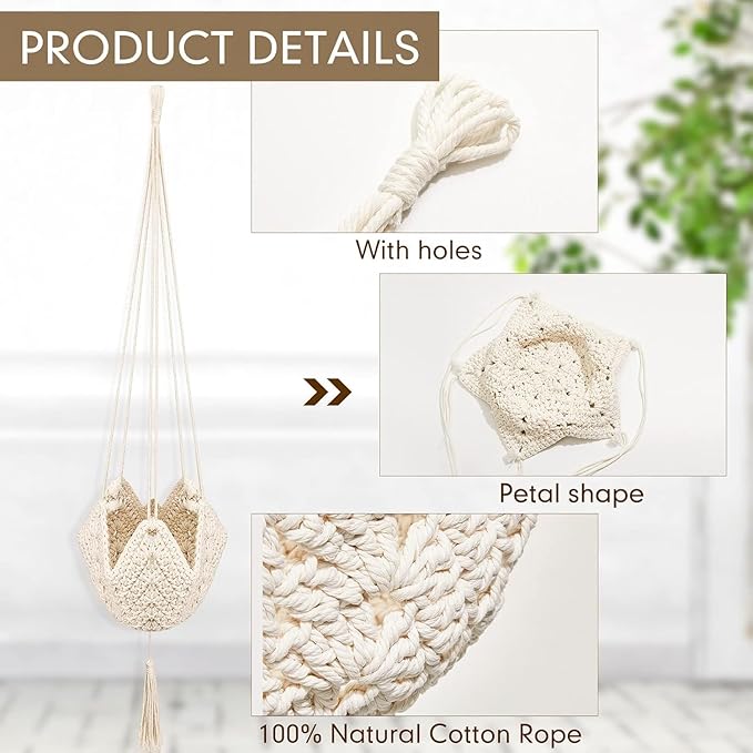 Shappy 1 Pack Jute Crochet Long Plant Hanger for 3 Inch to 12 Inch Pots, Macrame Plant Holder Rope with S Shaped Hooks for Halloween Home Decor (White)
