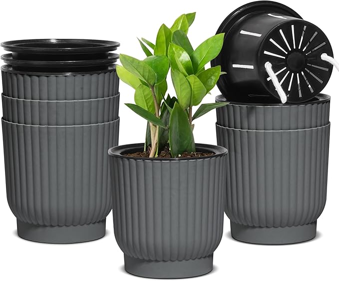 T4U 4.5 Inch Plant Pots Self Watering, 6 Pack African Violet Pots, Small Plant Pots for Plants, Small Indoor Plant Pot, Self Watering Planter for African Violet, Succulents (6 Pack 4.5" Pots, Gray)