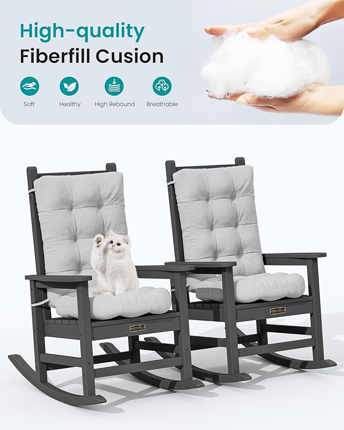 SERWALL HDPE Outdoor Rocking Chair Cushion Set of 2, Memory Foam Cushion Gray