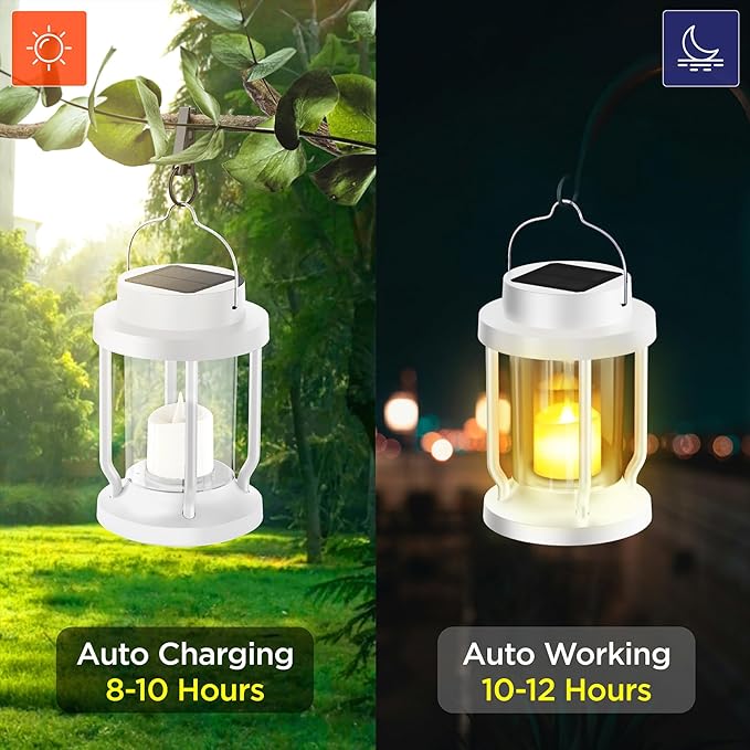 Solar Lantern Outdoor & Indoor Use – Hanging Solar Lights with Realistic Flickering Flameless Candle, Weatherproof for Gardens, Patios, Trees, and Lawns (White, 4 Pack)