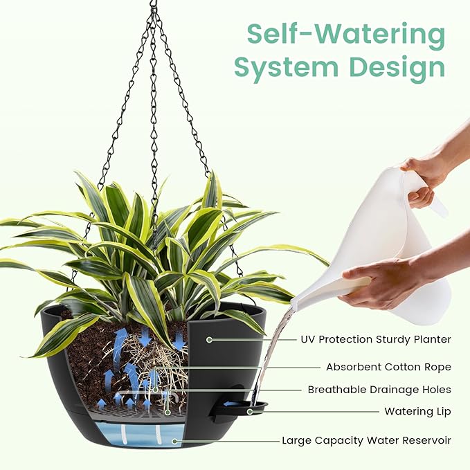 Set of 3-10 Inch Self Watering Hanging Planters for Indoor & Outdoor，Hanging Plant Pots with Drainage & Removable Tray, Hanging Pots Holder for Ivy, Spider Plants, Ferns, Balcony & Patio, Black