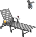 Carauci Lounge Chair Outdoor, HDPE Chaise Lounge with Wheels, 5-Position Adjustable Backrest & 2 Cup Holders Patio Lounge Chair, All-Weather Pool Sun Lounger for Poolside, Backyard, Grey