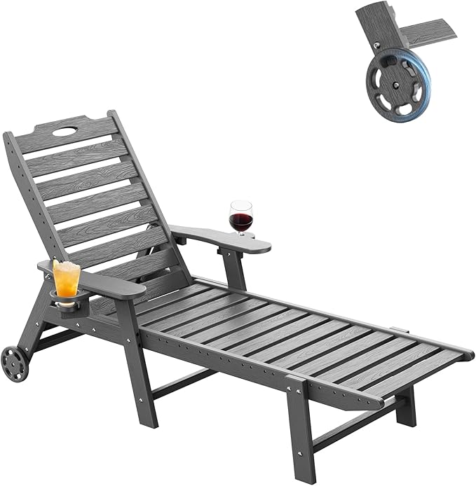 Carauci Lounge Chair Outdoor, HDPE Chaise Lounge with Wheels, 5-Position Adjustable Backrest & 2 Cup Holders Patio Lounge Chair, All-Weather Pool Sun Lounger for Poolside, Backyard, Grey