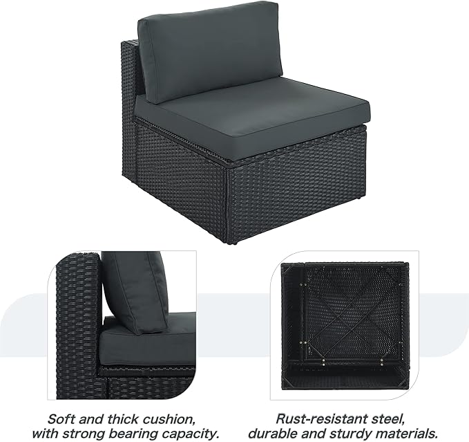Merax 7-Piece Outdoor Wicker Sectional Sofa Set,Modular Rattan Conversation Set with Gray Cushions,Striped Green Pillows & Tempered Glass Coffee Table for Patio,Garden,Deck,Black