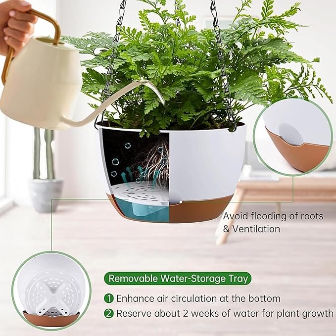 Hanging Planters for Indoor Plants, Set of 2 8/10 Inch Self-Watering Hanging Pots with Drainage Hole & Removable Water-Storage Tray II Screw-in Hooks