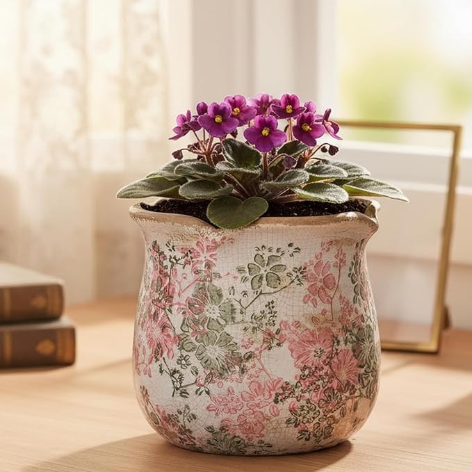 Ceramic Pots for Plants, Vintage Plant Pot with Drainage Hole, 6.11in. Planter for Indoor Plants, Crackle Glaze Finish Flower Pot, Perfect Tuscan Ceramic Planter for Gardening, Pastel Meadow