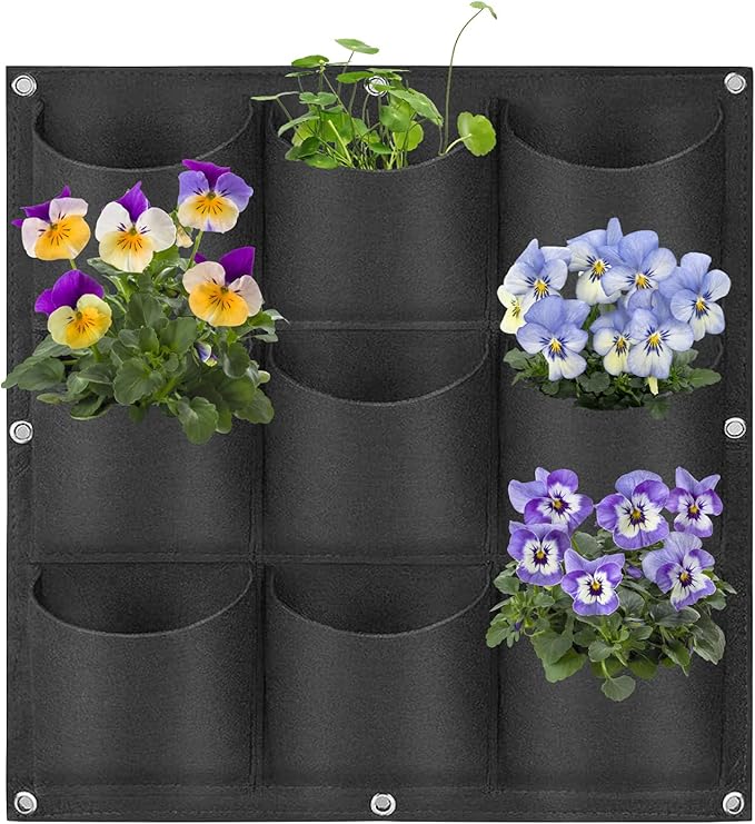 9 Pockets Hanging Planter Bags, Hanging Vertical Wall Mounted Plant Planting Grow Bags, Herb Garden Planter Outdoor Indoor Growing Bag, Gardening Vertical Greening Flower Container(0.5m×0.5m, Black)