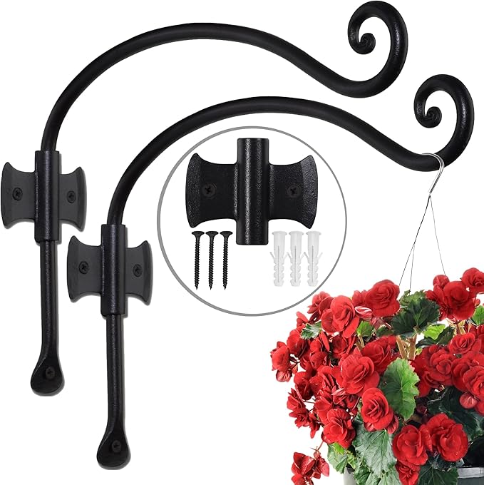 RTZEN Plant Hangers Indoor or Outdoor - Wrought Iron Metal Hanger Indoor Hook - Heavy Duty Wall Bracket Hooks for Hanging Plants Baskets Lanterns Wind Chimes - 2 Pack (Black Axe-Shape Hooks)