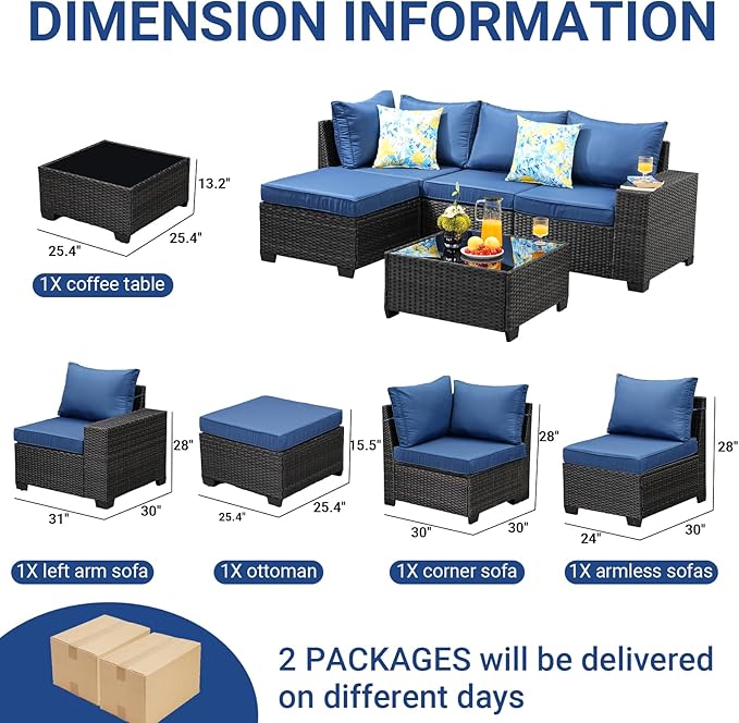 Jing's Villa 5-Piece Patio Furniture Set, All-Weather Outdoor Wicker Sectional Sofa with Cushions, Tempered Glass Table & Ottoman,Rattan Conversation Seating for Porch, Garden, Backyard,Navy