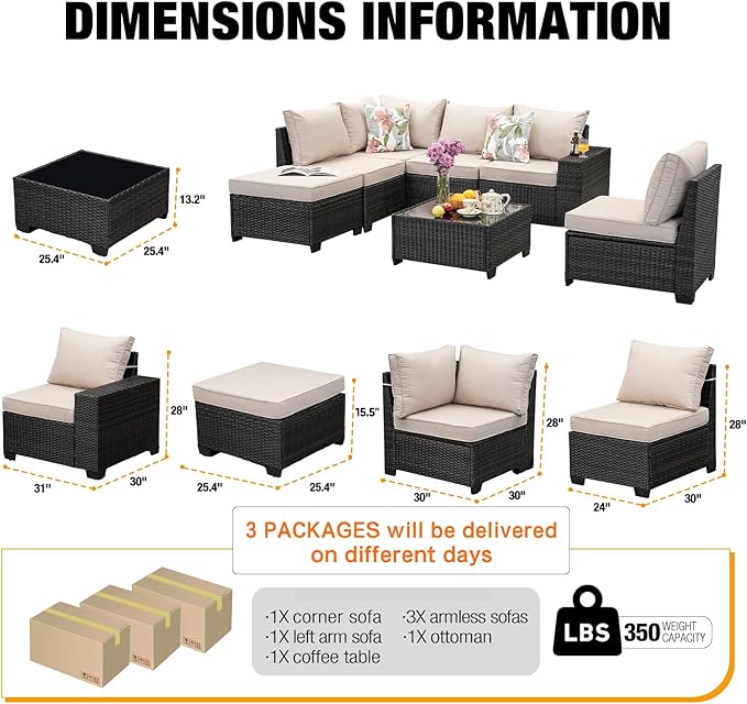 7 Pieces Patio Furniture Set All-Weather Outdoor Wicker Sectional Conversation Sofa Rattan Patio Seating Sofa with Cushion and Glass Table and Ottoman for Porch,Beige