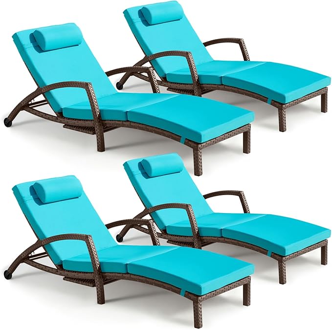 Chaise Lounge Chairs Outdoor Set of 4, Comfy Outside Wicker Patio Pool Lounge Chair w/ 5 Adjustable Back Angle, Cup Holder, Thicken Cushion