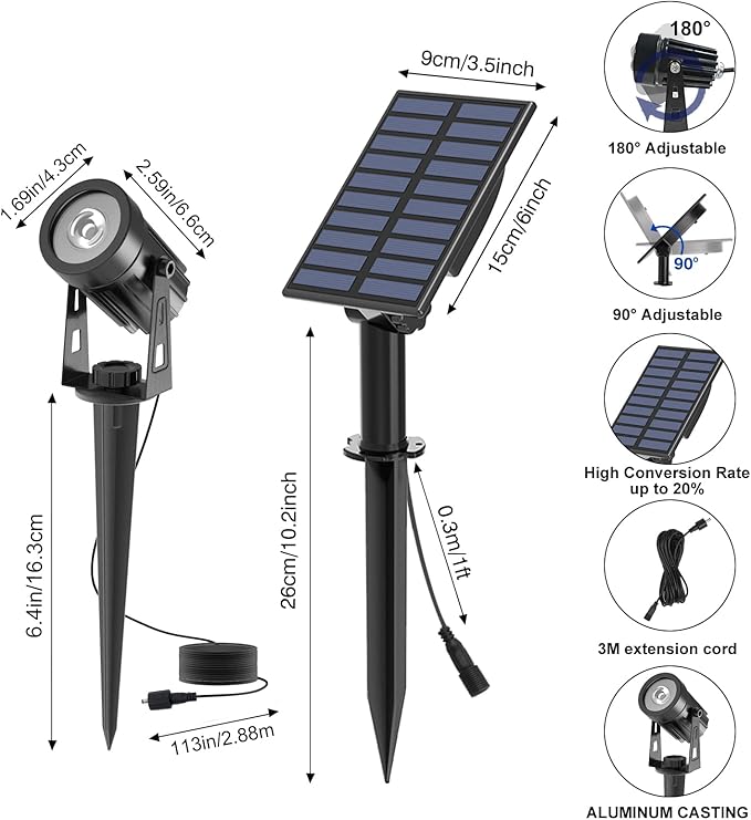 T-SUNUS Christmas Solar Landscape Spotlights Warm White 3000K Metal Lights, Garden Spot Light IP65 Waterproof 9.8ft Cable, 2000mAh Separated Panel, Auto On/Off for Halloween Tree Flag Driveway Pathway