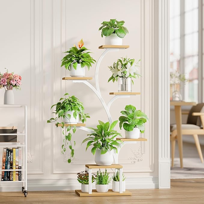 Plant Stand Indoor with Grow Lights, 7 Tiered Indoor Plant Shelf, 49" Corner Plant Stands for Indoor Plants, Metal Plant Flower Display Shelf, Tree-Shaped Plant Rack for Home, Patio, Natural