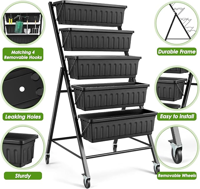 Suyncll Vertical Raised Garden Bed Planter Box, 5 Tiers Vertical Garden Planter with Drainage System and 4 Hooks for Plants Vegetables Flowers (Black with Wheels)