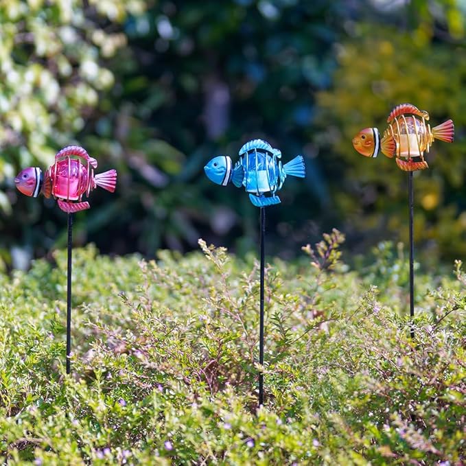 Fish 3Pack 21.3''H Outdoor Figurine Lights, Multicolor Clownfish Solar Garden Decor with Led Lights, Decorative Garden Stake for Yard, Patio, Lawn