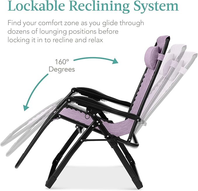 Best Choice Products Oversized Zero Gravity Chair, Folding Outdoor Patio Recliner, XL Anti Gravity Lounger w/Removable Cushion, Cup Holder, Side Tray, 350lb Capacity - Lavender