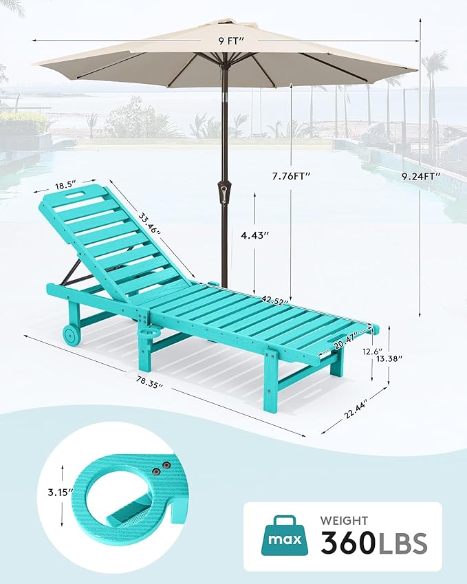 SERWALL Outdoor Chaise Lounge Set of 2 with 9FT Umbrella, HDPE Pool Lounge Chair with 5-Position Adjustable Backrest, Patio Lounger with Rolling Wheels & Cup Holder for Pool, Aruba