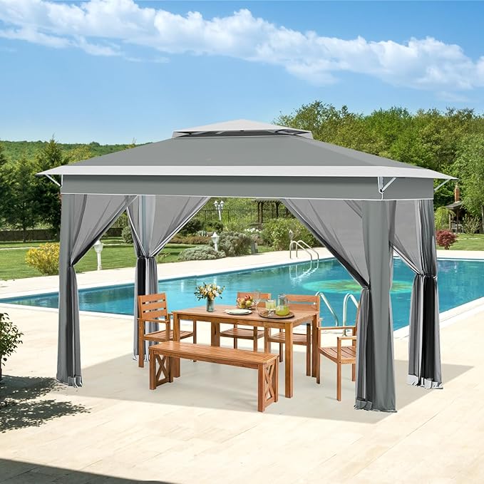 ECOTOUGE Pop Up Canopy Tent with Mosquito Nettings, Instant Shelte gazebos on Clearance w/Carrying Roller Bag, Waterproof and UV Resistant Canopy Tent for Grill, Garden and Backyard(Grey-White,11FT)