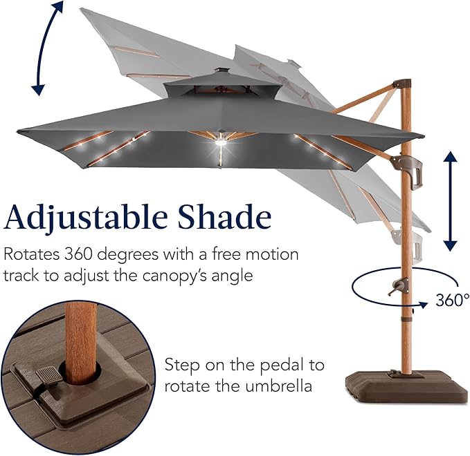 Best Choice Products 10ft Square Cantilever Patio Umbrella w/Base Included, Woodgrain Pattern Pole & Solar LED Lights, 360-Rotation, Offset Hanging Outdoor Shade - Gray