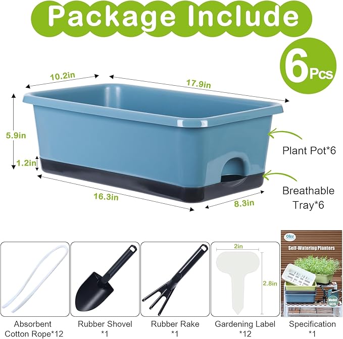 Window Box Planter 6 Pcs, 17 Inches Rectangle Flower Pots with Drainage Holes and Trays, Vegetable Planters for Windowsill Patio Garden Balcony Home Indoor Outdoor (Blue, 18 * 10 * 6 inch)