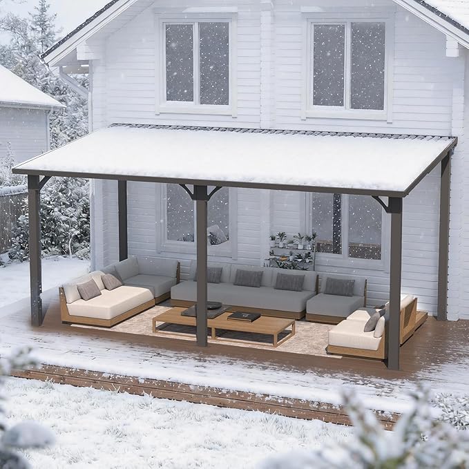 AECOJOY 8' x 16' Outdoor Hardtop Metal Gazebo for Patio, Large Lean to 16'x8' Galvanized Steel Wall Mounted Pergolas and Grill Gazebos Clearance, Patio Roof Heavy Duty Pergola Awnings for Decks