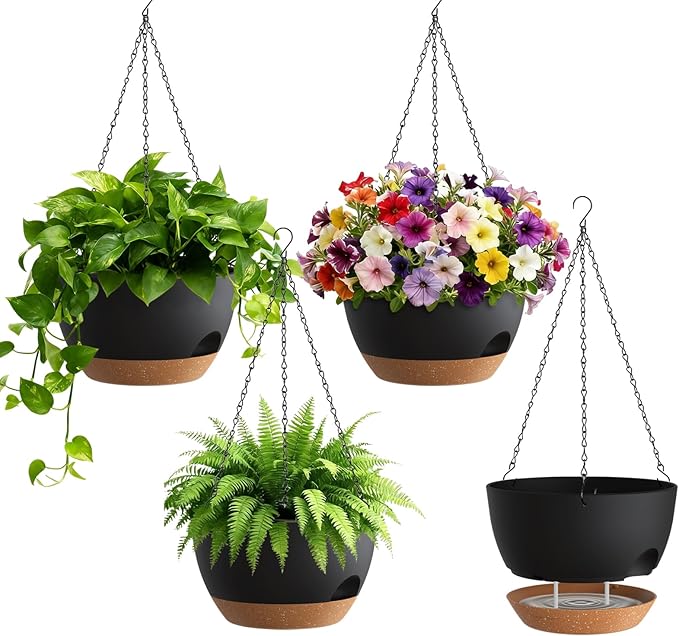 4 Pack 8 Inch Self Watering Hanging Planters for Indoor Outdoor Plants，Hanging Pots for Plants with Drainage Removable Tray, Hanging Baskets Flower Pots for Pothos Spider Garden Black with Brown