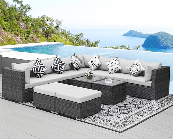NICESOUL 11 Piece Modern Outdoor Furniture Sofa Set, 29.3'' High Back Comfy Sectional L-Shaped, Extra Large Wicker Patio Sofa Couches for 9 Person, Deep Wide Seating All-Weather Conversations, Grey