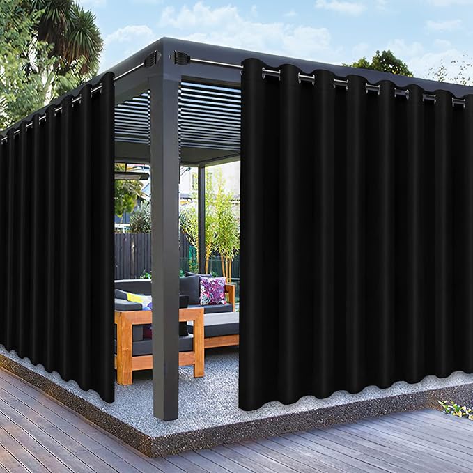 PureFit Outdoor Curtains for Patio Waterproof Weatherproof, UV Resistant Outside Curtains for Gazebo, Front Porch, Pergola, Sun Blocking Privacy Curtain, 120W x 84L inch, 1 Panel, Black
