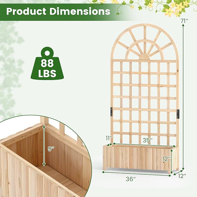 Giantex Wooden Raised Garden Bed with Arched Trellis, 71” Fir Wood Outdoor Elevated Planter Box Privacy Screen with Drainage Holes, Vertical Garden Bed for Climbing Plants, Patio Balcony Backyard