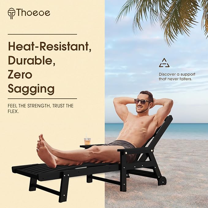 Patio Chaise Lounge Chair Set of 2, Oversized Lounge Chair Outdoor with 5 Positions, HDPE, Patio Lounge Chair with Wheels & Cup Holder for Pool, Deck, Poolside,Black