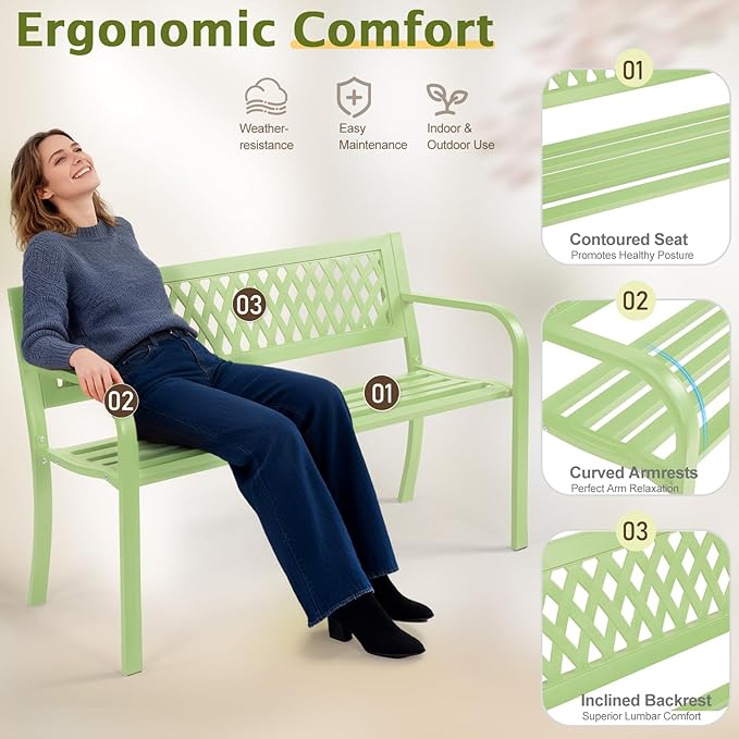 VINGLI 47'' Outdoor Bench, Weather Resistant Garden Patio Bench Powder Coated Iron Frame w/PVC Mesh Backrest Slatted Seat, 2-Person Outdoor Furniture for Front Porch Entryway Park (Green)