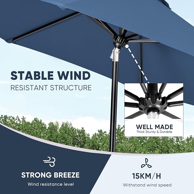 Tempera Patio Market Outdoor Table Umbrella with Auto Tilt and Crank, Large Sun Umbrella with Sturdy Pole & Fade Resistant Canopy, Easy to Set