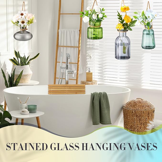 4 Pcs Stained Glass Hanging Vases Hanging Glass Planters Small Plant Terrarium Pot Containers with Rope for Garden Home Indoor Outdoor Decor, 4 Styles (Artsy)